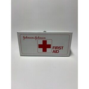 VINTAGE Johnson & Johnson Metal First Aid Kit Wall Mount Box , White & Red Empty